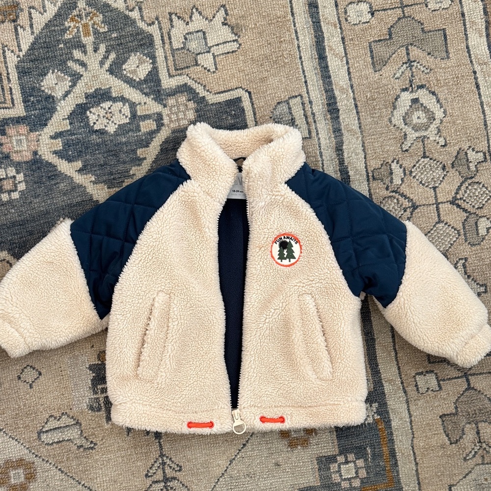 Zara Cream and Navy Jacket Sherpa Fleece Jacket size 18-24